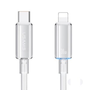 USAMS Type-C To 8 Pin Aluminum Alloy Clear LED 30W PD Fast Charge Data Cable, Length:1.2m, Type-C To 8 Pin