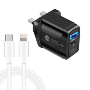 PD25W USB-C / Type-C + QC3.0 USB Dual Ports Fast Charger with USB-C to 8 Pin Data Cable, UK Plug, UK Plug + USB-C to 8 Pin Cable