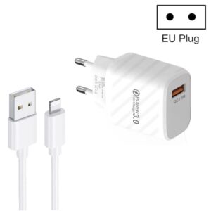 TE-005 QC3.0 18W USB Fast Charger with 1m 3A USB to 8 Pin Cable, EU Plug, EU Plug + 8 Pin Cable