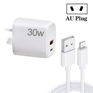 PD30W USB-C / Type-C + QC3.0 USB Charger with 1m USB to 8 Pin Data Cable, AU Plug, AU Plug + USB to 8 Pin Cable