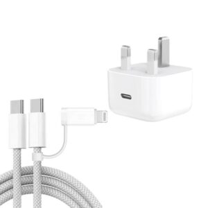 A3365 PD40W USB-C / Type-C Charger with Type-C to Type-C / 8 Pin Data Cable, UK Plug