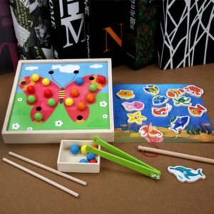 Wooden Children Early Education Toys Baby Clip Beads Magnetic Fishing Games Toy, Butterfly, Rabbit
