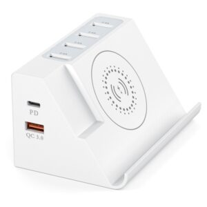 PD 20W +QC 3.0 Wireless Charging+6 Ports Multi-function Charger, White