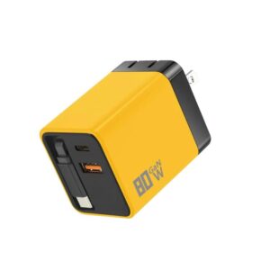 80W GaN Wall Charger With Built-In Retractable USB-C Cable 3-Port Fast Charging Block, US Plug, EU Plug, UK Plug