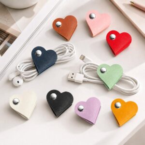 9pcs /Pack Heart Leather Cord Organizer Cute PU Leather Cable Straps for Charging Cord & Headphone, Reusable Wire Keeper Wrap with Metal Snap Clip
