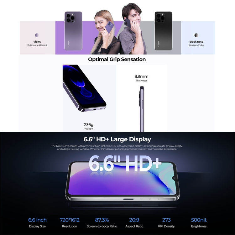 HOTWAV Note 13 Pro, Side Fingerprint Identification, 6.6 inch Android 13 UMS9230 T606 Octa Core up to 1.6GHz, Network: 4G, OTG, 8GB+256GB - Image 5