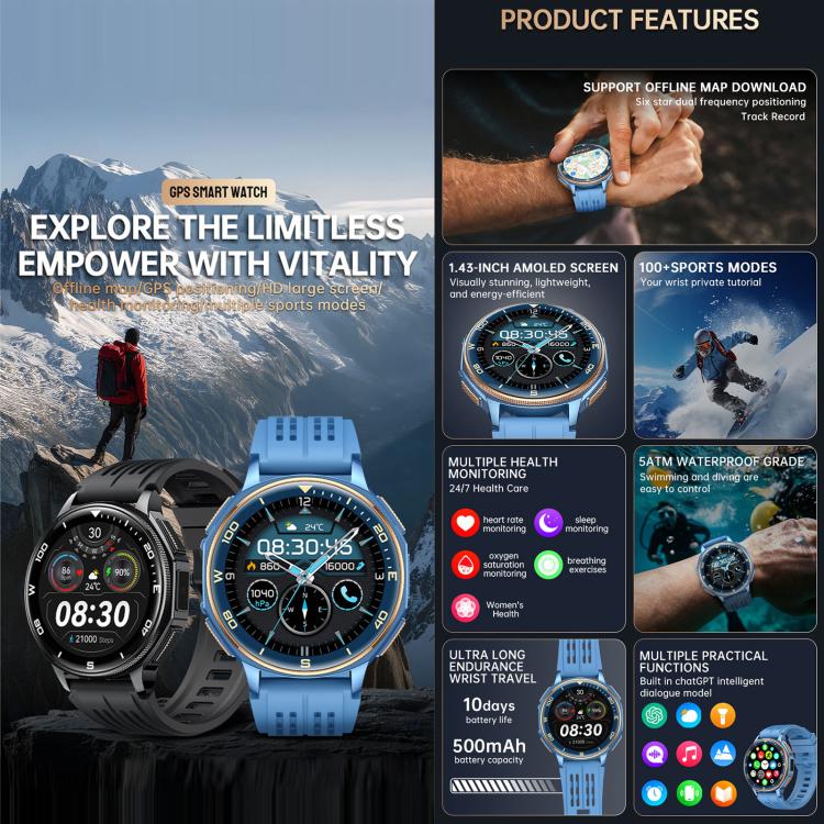 S99 1.43 inch GPS Sports Smart Watch, Support Bluetooth Call / Heart Rate / Blood Oxygen / Sleep Monitoring - Image 5