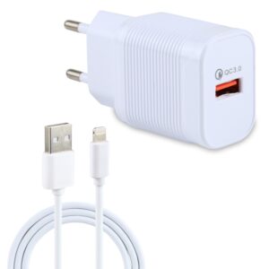 LZ-728 2 in 1 18W QC 3.0 USB Interface Travel Charger + USB to 8 Pin Data Cable Set, EU Plug, Cable Length: 1m, with 8 Pin Cable