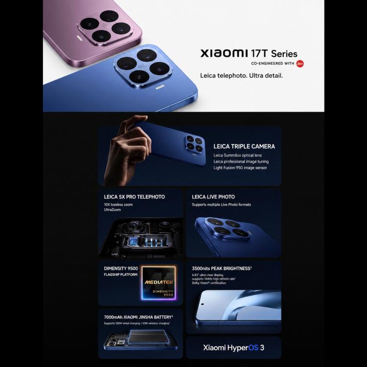 Xiaomi 17T Pro, 12GB+512GB, Screen Fingerprint, 6.83 inch Xiaomi HyperOS 3 Dimensity 9500 Octa-Core, NFC, Network: 5G, 12GB+512GB - Image 3
