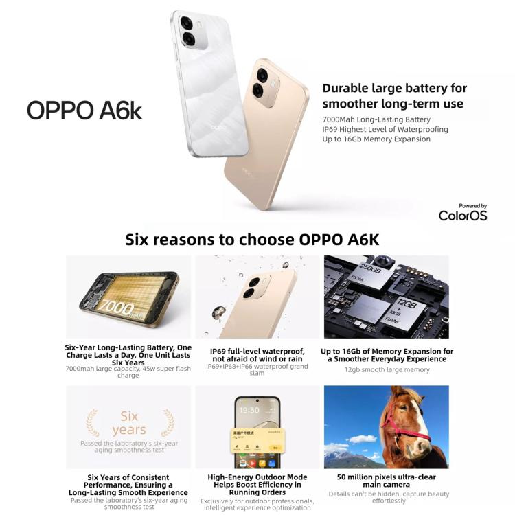 OPPO A6k 5G, 12GB+256GB, Side Fingerprint, 6.75 inch ColorOS 15 MediaTek Dimensity 6300 Octa Core, OTG, Network: 5G, 12GB+256GB - Image 4