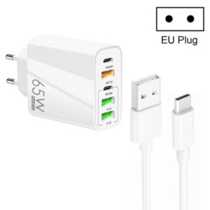 65W Dual PD Type-C + 3 x USB Multi Port Charger with 3A USB to Type-C Data Cable, EU Plug, EU Plug + USB to Type-C Cable