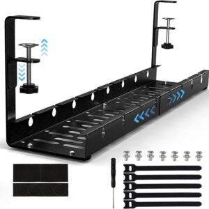 Stretchable Under Desk Cable Management Tray Carbon Steel Cable Organizer Cable Storage Rack, Stretchable Black, Stretchable 30.5-55CM